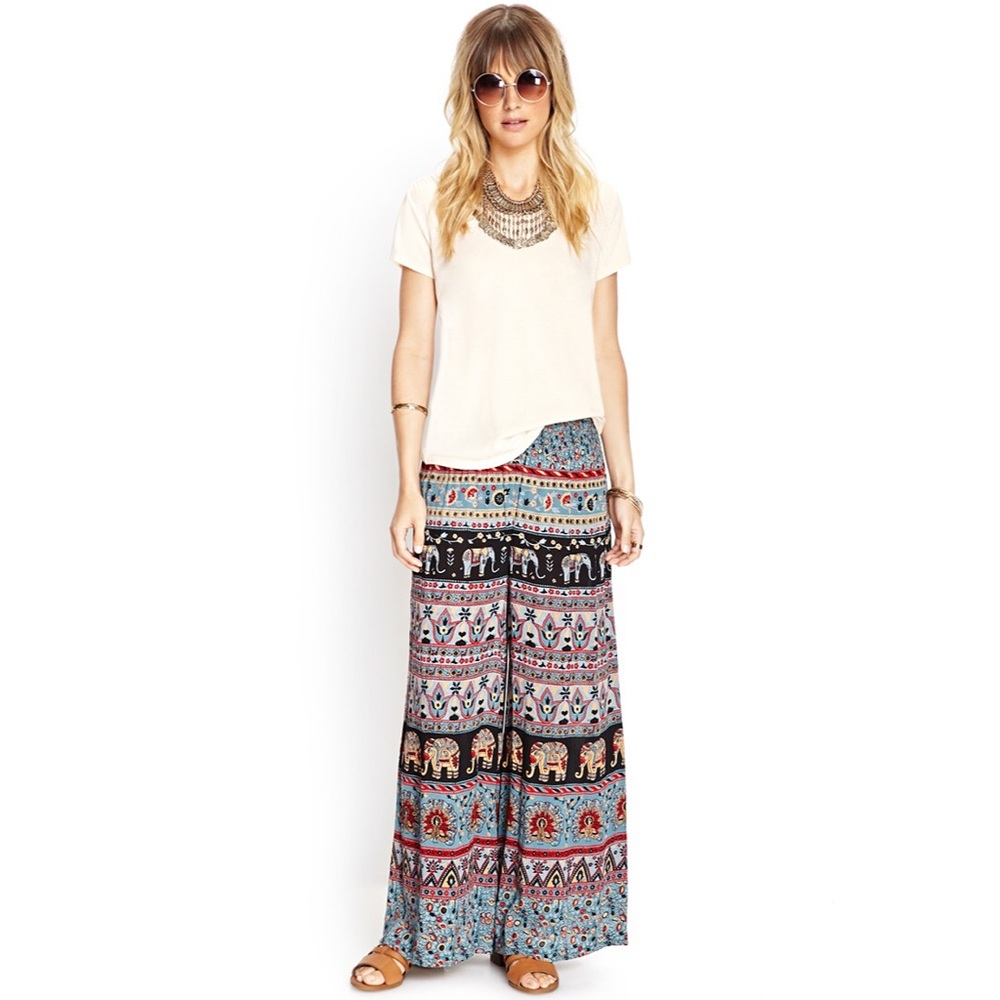 Vintage Forever 21 Y2K Elephant Tribal Pattern Multicolor Wide Leg Palazzo Pants